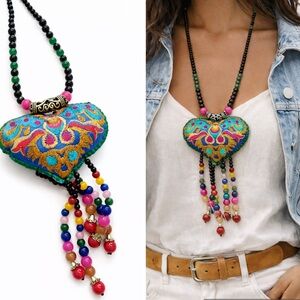 Bohemian Embroidered Heart Pendant Necklace – Long Ethnic Beaded Tassel Necklace